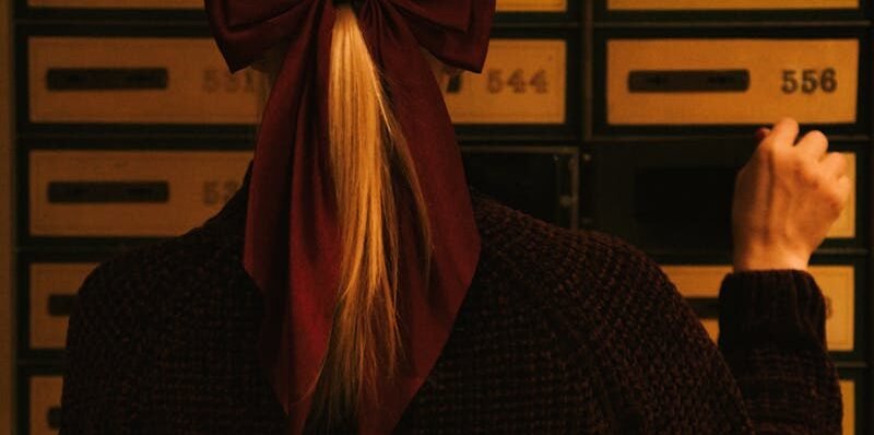 Back view of a woman wearing a burgundy bow facing numbered lockers in moody lighting.