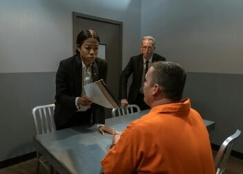 A tense interrogation scene in a prison room with officials and a prisoner.