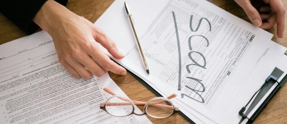 A close look at tax forms marked with scam, highlighting financial fraud risks.