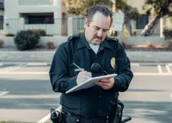 Police officer in uniform writing a ticket on a clipboard outdoors.