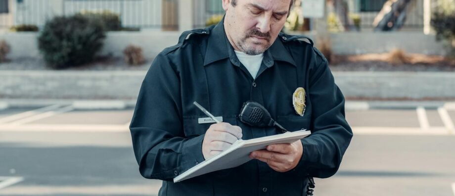 Police officer in uniform writing a ticket on a clipboard outdoors.