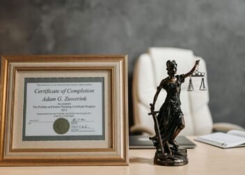 A framed legal certificate and Lady Justice figurine on a desk in a law office setting.