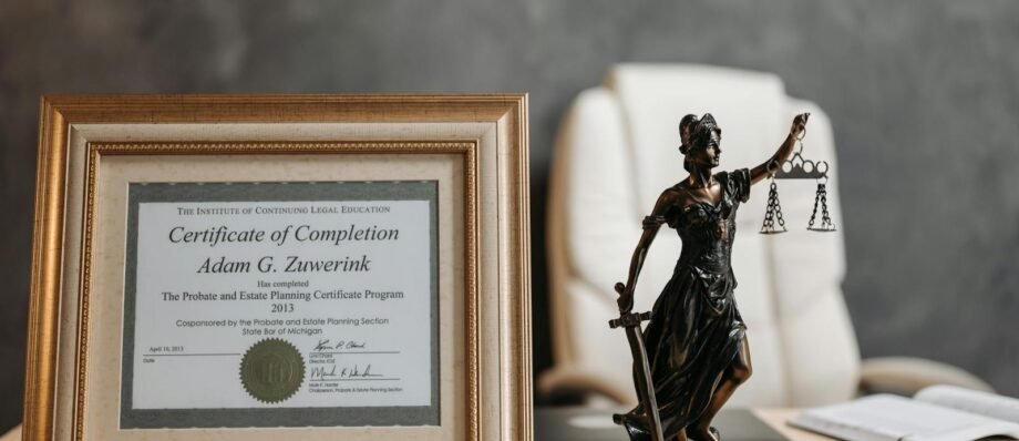 A framed legal certificate and Lady Justice figurine on a desk in a law office setting.