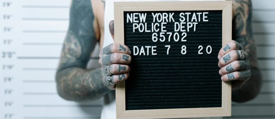 Close-up of tattooed man holding a mugshot sign in front of a height chart.