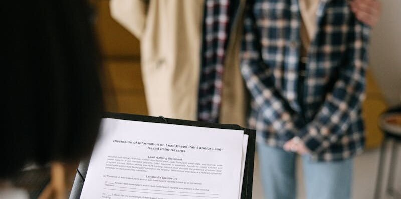 A focused view of a couple discussing a real estate document with an agent in an apartment setting.